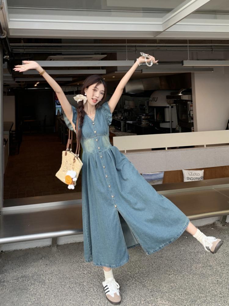 【急速出荷!】デザイン感 スリット デニムワンピ ワンピース Vネック ウエスト引き締め ファッション ロングスカート 着痩せ