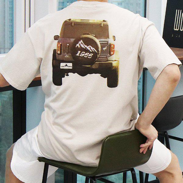 WBO メンズ ビッグサイズ ピグメント バックプリント ジープ車 ナ염 半袖Tシャツ