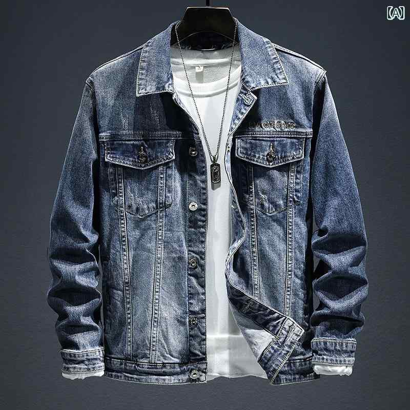 メンズ ファッション 文字 刺繍 デニムジャケット 軽量 涼しい カラー カジュアル ジャケット レトロ高 ストレッチ 春秋 デニムジャケット