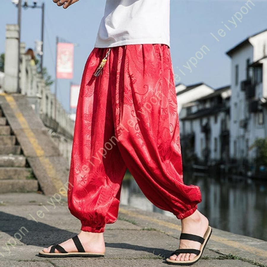 ワイドパンツ 9分丈 接触冷感 袴パンツ サルエルパンツ スカートパンツ メンズ 薄手 光沢感 落ち感 ゆったり スカンツ モード とろみ ルーズ 総柄
