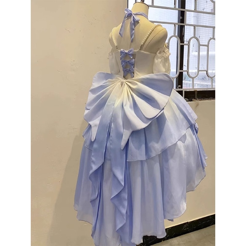 グラデーションブルーロリータ中空フロントショートバックロングドレスレディース微ラメ重工業ロリータプリンセスドレスロースカート