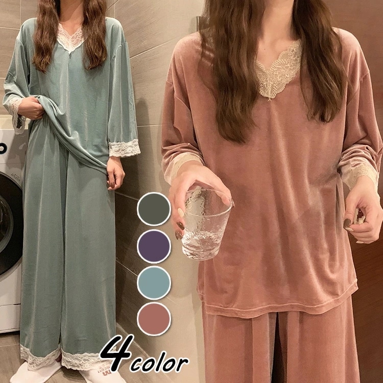 パジャマ モコモコルームウェア レディース 秋冬 長袖 パジャマ レースVネック ルームウェア ベルベット 暖かい 上下セット 可愛い 厚手 部屋着 オシャレ