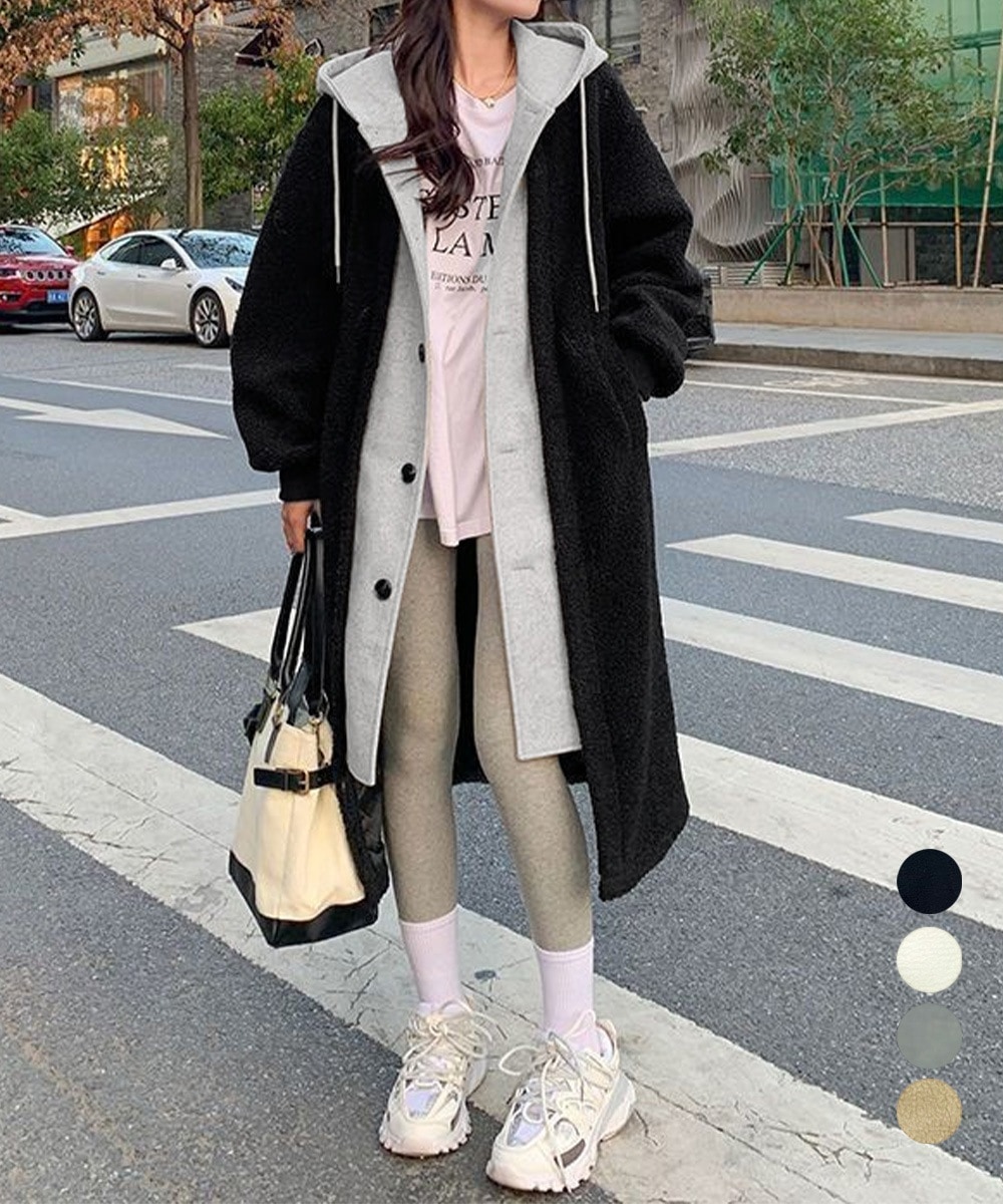 国内即納 ボアロングパーカーレイヤード風ボアコート 80YIGL-006