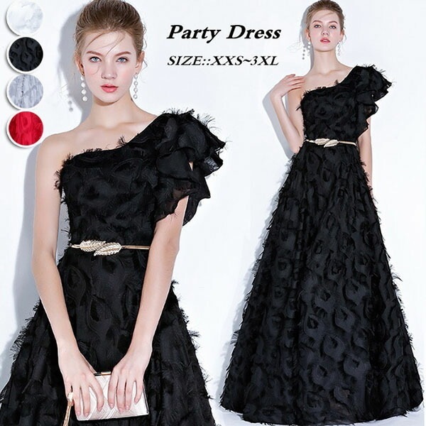 【期間特典】ロングドレス ピアノ発表会 ブライズメイドドレス パーティードレス ワンショルダー 袖あり 肩出し 演奏会 黒 ブラック 結婚式 母親 ドレス アシンメトリー 大きいサイズ 小さいサイズ