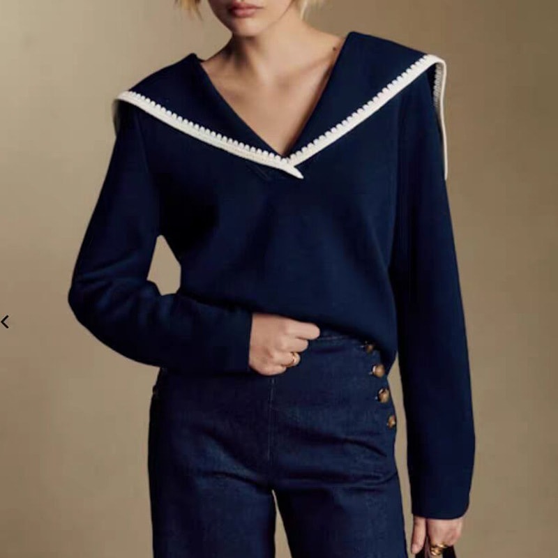 Niche 2025年秋冬新作 ネイビースタイル ラペルセーター カーディガン プルオーバーコート 刺繍入り カラーブロックトリム ニットウェア レディース