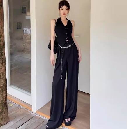 レディース トップス パンツ カットソー セットアップ ロングパンツ ノースリーブ Vネック ハイウエスト コンサバ ボタン 大人可愛い シンプル おしゃれ かっこいい こなれ感 ラフ ボーイッシュ