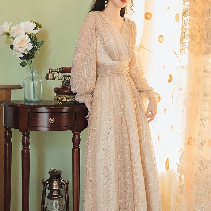 シアー カシュクール ドレス レディース ワンピース ロング マキシ 長袖 ボリューム袖 萌袖 フリル袖 カシュクール フレア フェミニン レース シフォン かわいい 大人可愛い 上品 クール