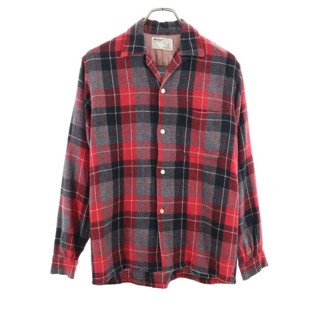 Truval 50s 60s 開襟 オープンカラー ヴィンテージ ボックスシルエット レーヨン チェック柄 長袖 オープンカラーシャツ S 赤系 メンズ