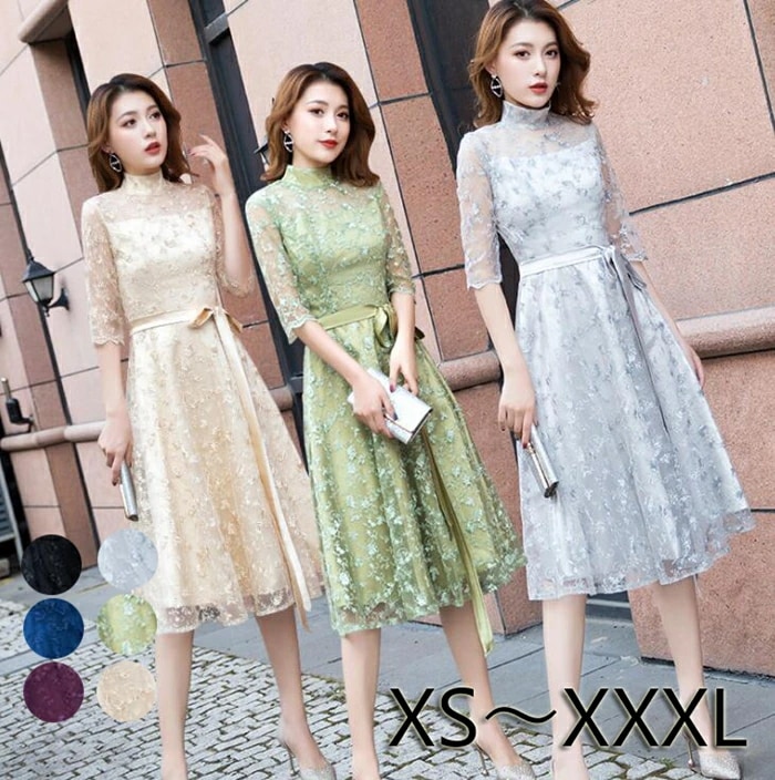 パーティードレス 結婚式 ワンピース 花柄刺繍 パーティードレス 結婚式ドレス ウェディングドレス パーティードレス ミモレ丈 ワンピース　大きいサイズ 大人 上品 お呼ばれ 二次会 披露宴 6色　X