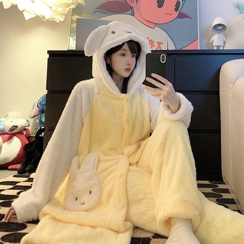 【最新モデル登場！！】 【速達!】カートゥーンミッフィーウサギサンゴ絨毯パジャマ加絨外着シュリンプ学生部屋着セット