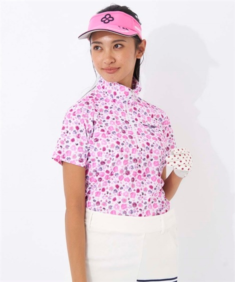 レディーススポーツウェア marie claire フリージングカノコ水彩プリント半袖ハイネックシャツ マリクレール ゴルフ 吸汗速乾UVカット接触冷感