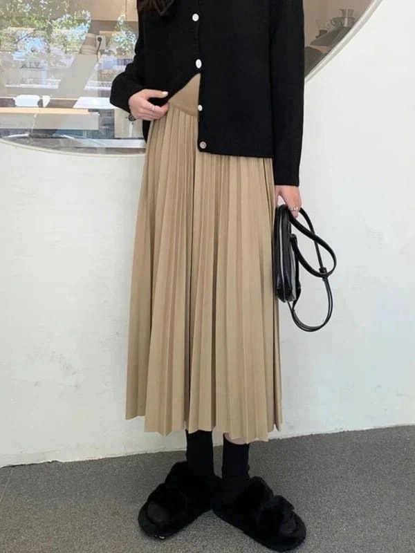 妊婦ロングスカート 春と秋 韓国風プリーツスカート ロング お腹サポートスカート ゆったり トレンディ マザーロングスカート