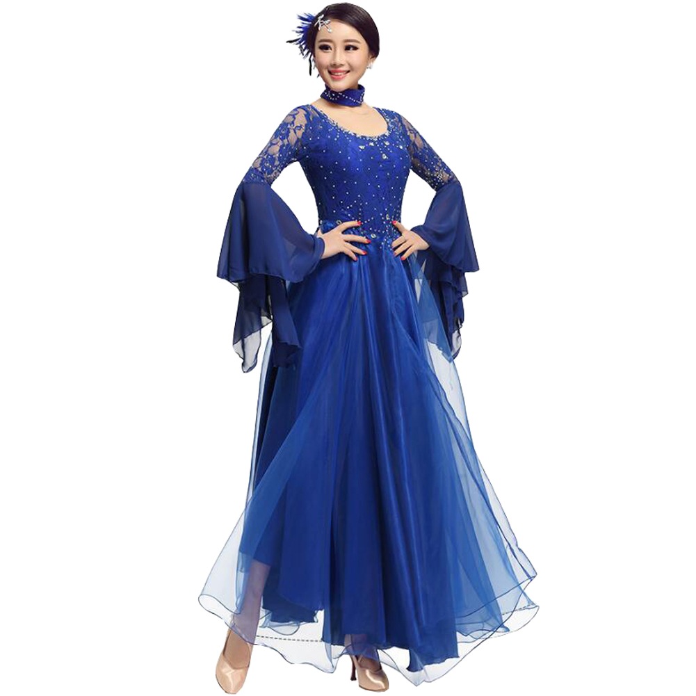 社交ダンス モダンドレス ワンピースドレス 大きい裾 豪華 演出服 丸首 スピーカースリーブ スタンダードドレス キラキラビジュー付き インターナショナルダンス 競技会 ワルツ服 練習着 競技用 ステ