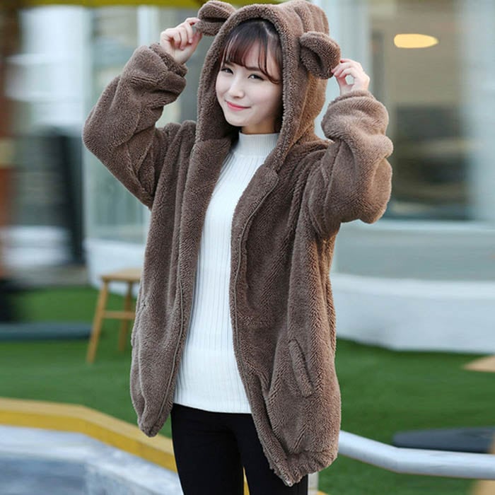 アウタートレンチコートブラックコーデ パーカー うさみみ かわいい うさぎ 熊耳パーカー クマ耳パーカー 兎耳 姉妹 高校生 アウター 尻尾付き 【M/L】【再入荷】もこもこアウター アウター ペアル