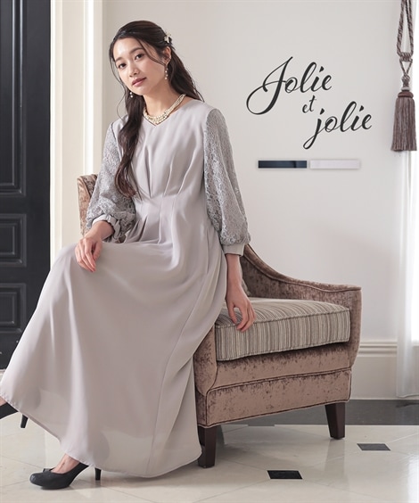 ドレス 結婚式・パーティードレス 袖レース使いVネックウエストタックデザインワンピースドレス 大きいサイズ有