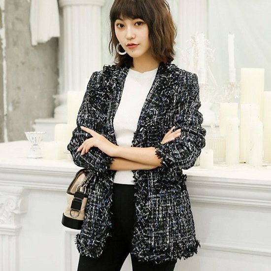 【取寄：納期2週間】ジャケット レディース ツイード 長袖 ジャケット レディース 大きいサイズ 体型カバー ジャケット レディース ブラック ツイード ジャケット レディース ツイード 長袖