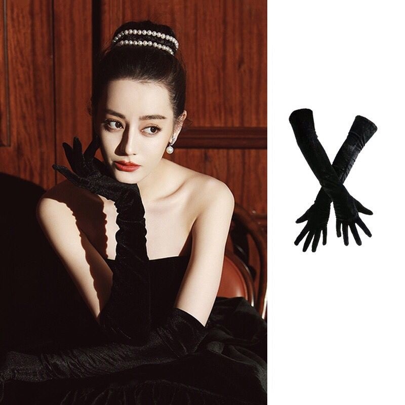 ブラック　ベルベット　ロング　手袋　レディース　パーティ用　ウェディング　結婚式用 コスプレ用