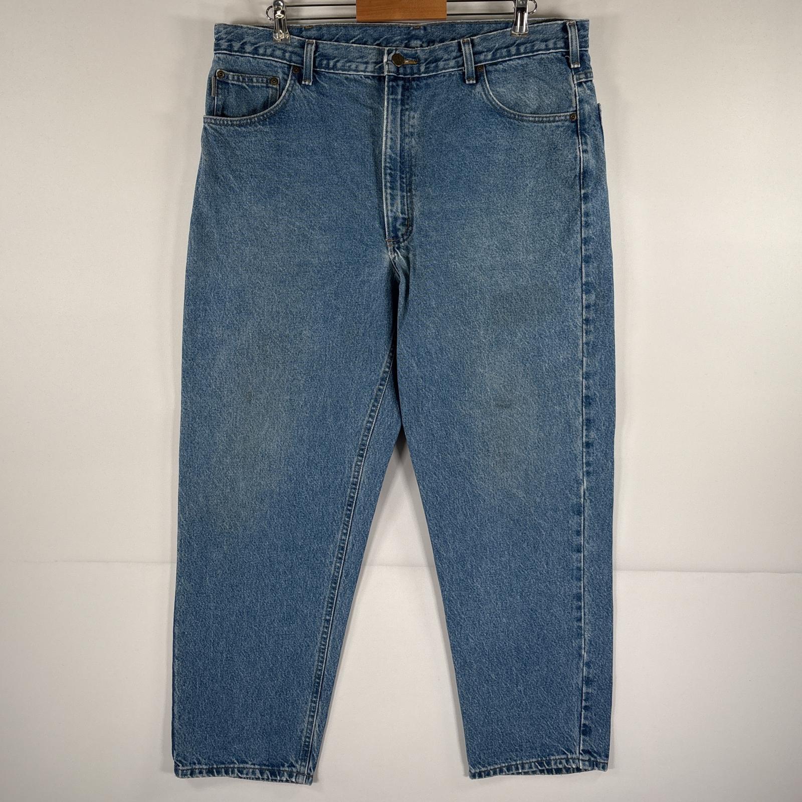 古着 デニムパンツ ワーク 5ポケット 大きいサイズ テーパード ワンポイントロゴ w40 L30 ブルー メンズ