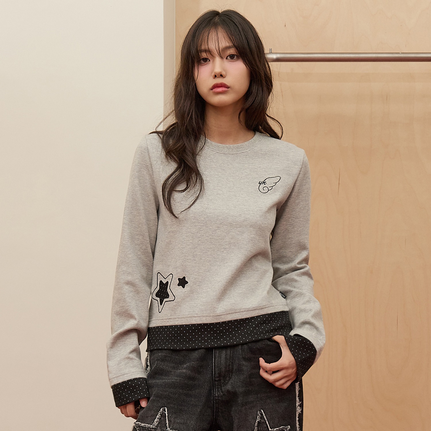 Dot Applique Layerd Long Sleeve T-shirt GREY