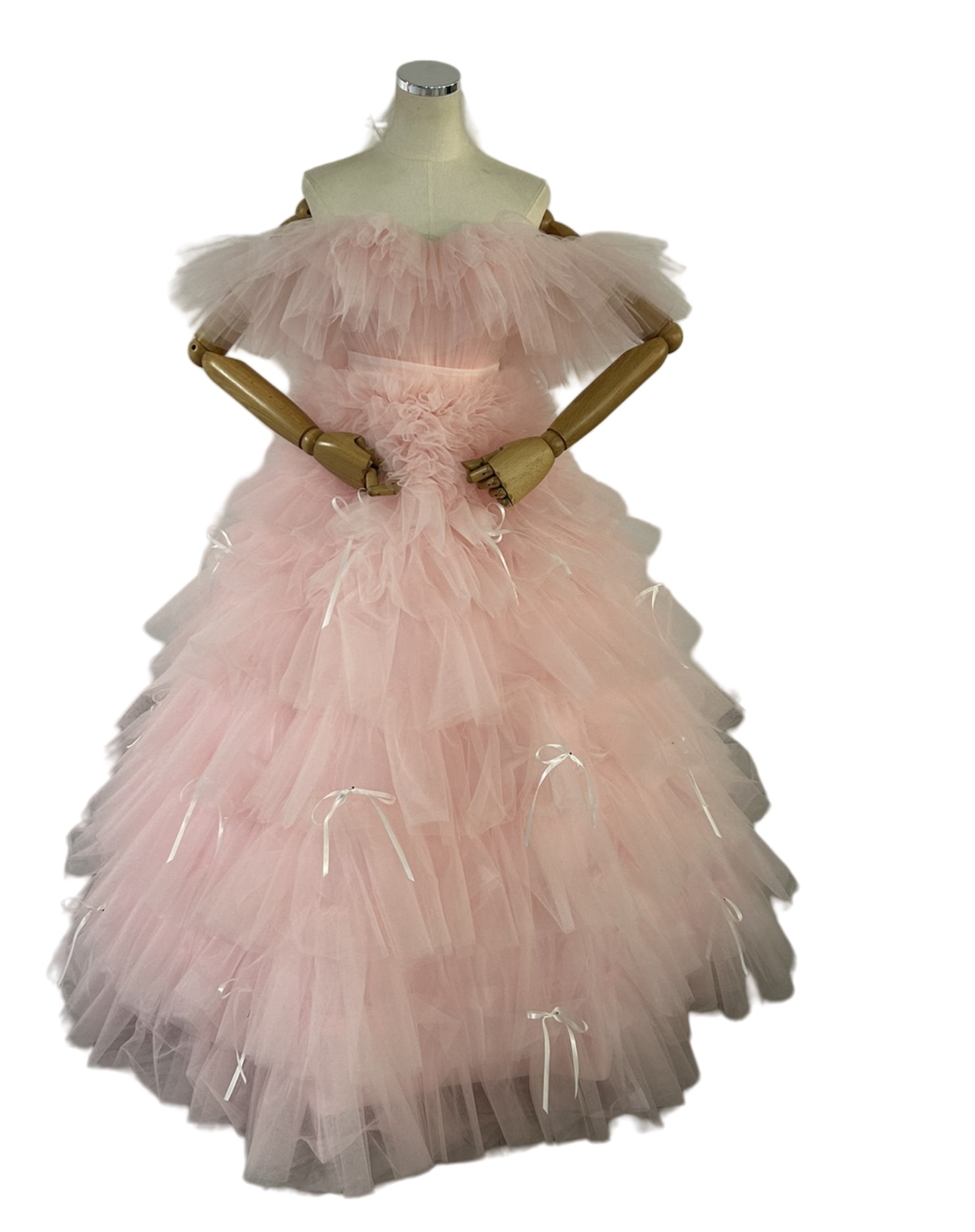 カラードレス プリンセスライン ピンク リボン ミドルベール 可愛い オフショルダー ティアードのドレス ロング 花嫁