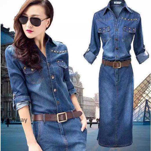 【急速発送 】デニムワンピース マキシ丈 夏 五分袖 ロングワンピース スリット 無地 ベルト付き 上品 大人 通勤 20代30代40代