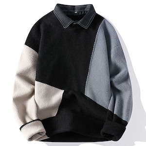 ニットウェア 秋冬に着たい ベーシックニット 韓国ファッション レギュラー/裏起毛 メンズフェイクセーター 秋冬 プルオーバー 長袖 ゆったり カジュアル リブニットトップス