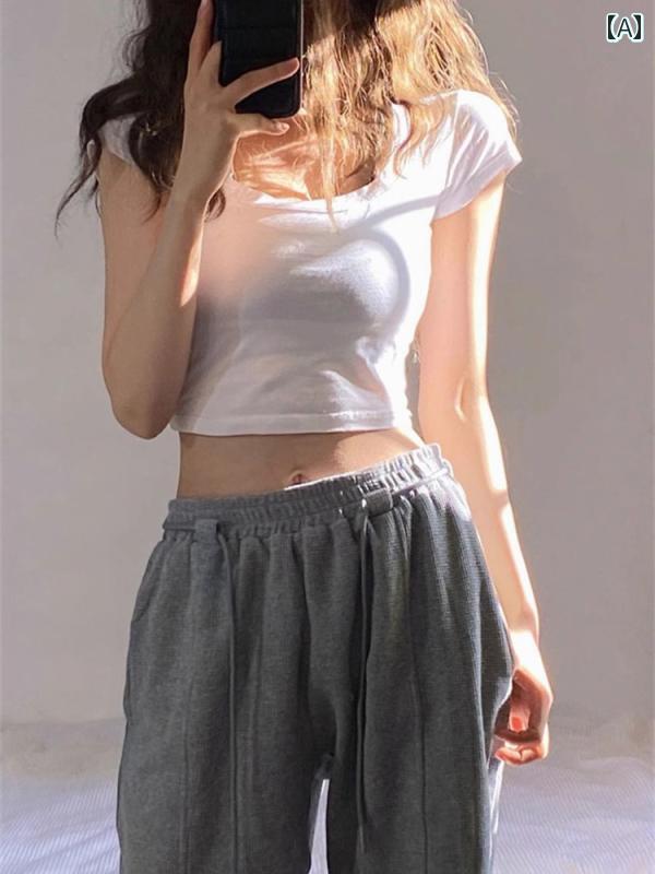 レディース トップス カジュアル おしゃれ 夏 白 ショート 右 肩 半袖 Tシャツ ウエスト 引き締め 鎖骨 スリムに ガール ス