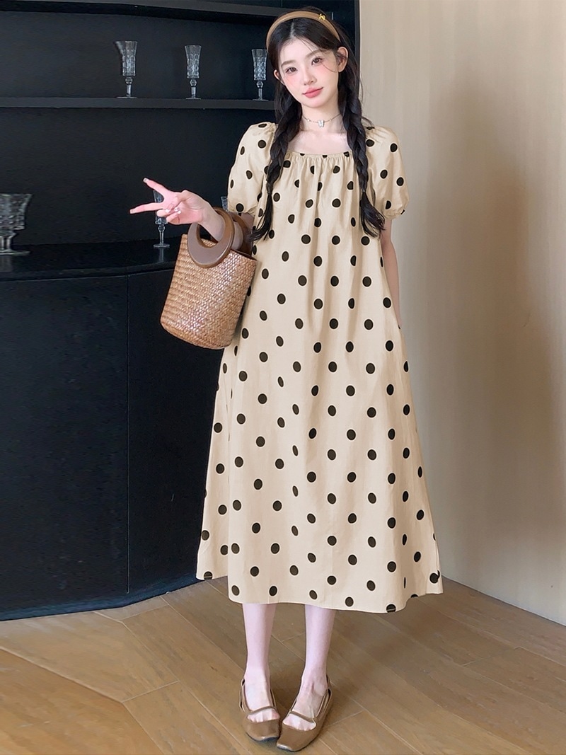 半袖コットンンの水玉柄女性用夏の小柄な方向けのゆったりとしたお腹をカバーするスリムなロング