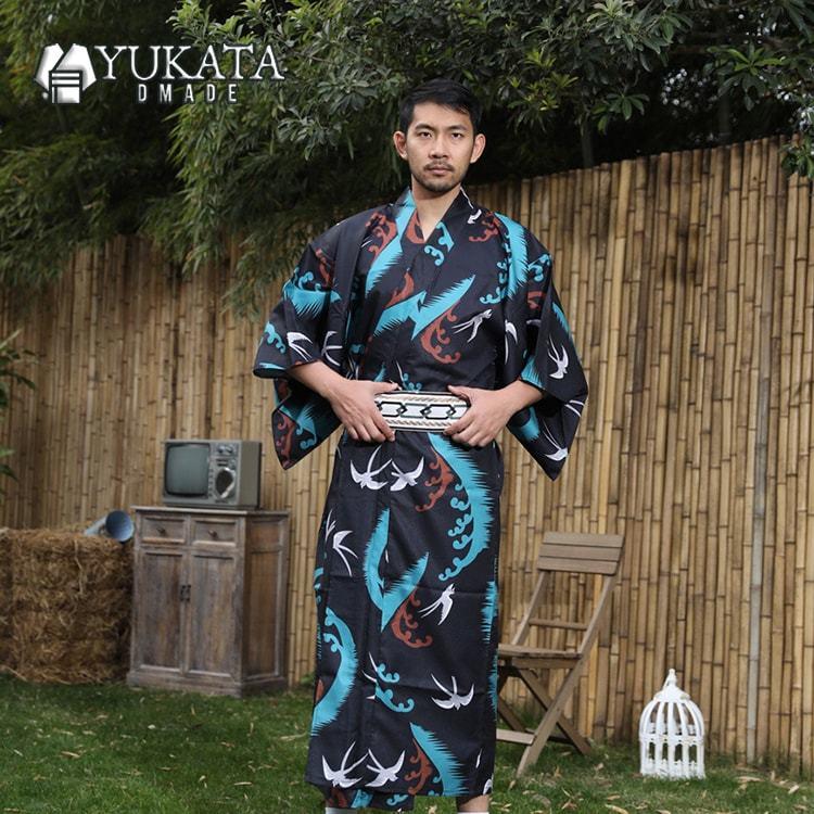 出荷が迅速である 独占販売 浴衣 メンズ 2点セット 海燕柄 黒 青 男性 男性用 紳士 和服 作り帯 ゆかた 夏服 ポリエステル浴衣 浴衣セット ギフト プレゼント かっこいい おしゃれ 人気 花
