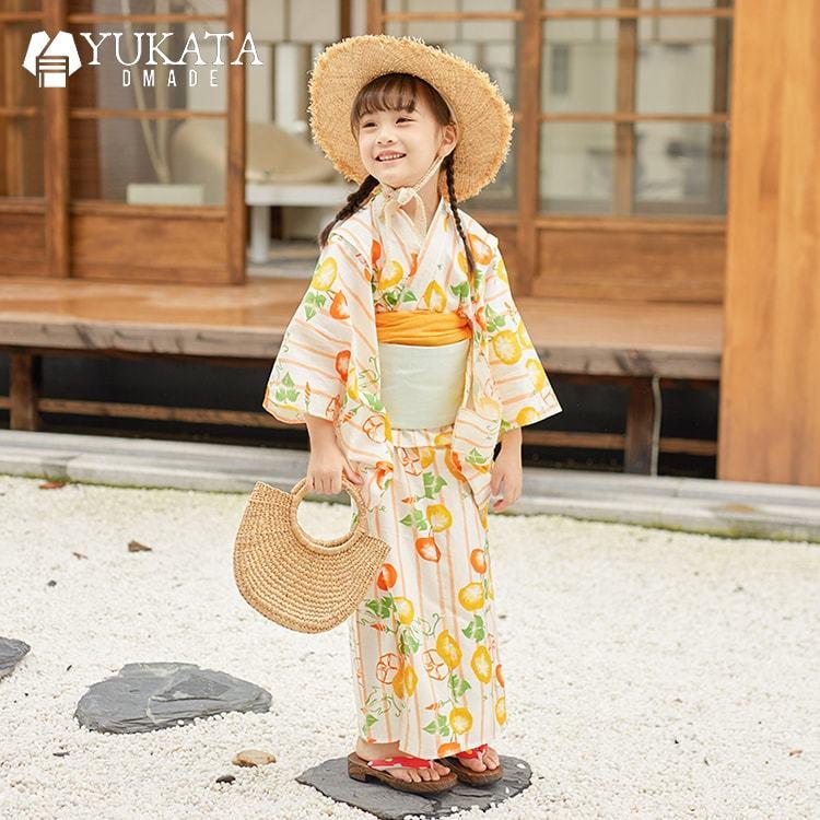 出荷が迅速である 独占販売 浴衣 朝顔 花柄 子供 女の子 ゆかた 綿 3点セット 浴衣 足袋 巾着袋 兵児帯 2025新品 浴衣セット キッズ 黄色 イエロー レトロ 子供服 後夜祭 節句 ジュニア