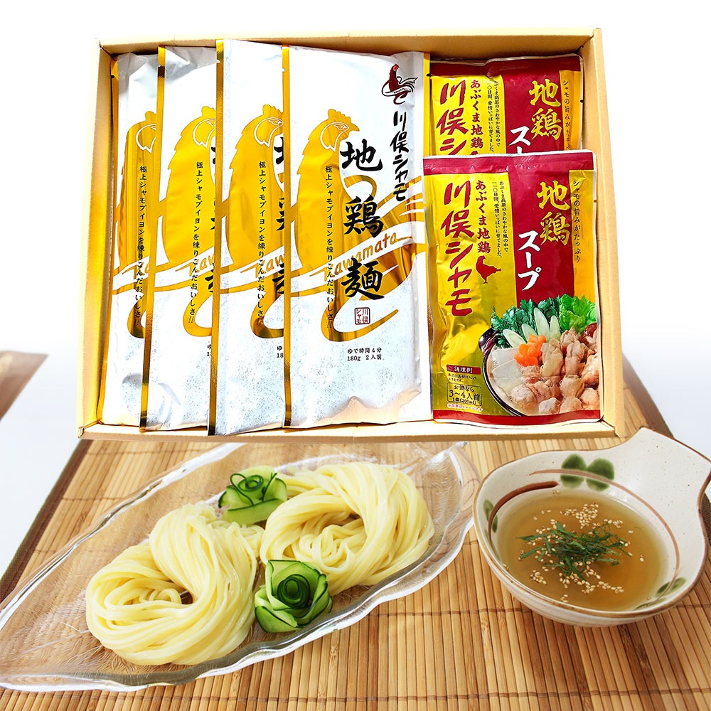 川俣シャモ 地鶏麺・地鶏スープセット 4食 のど越しの良い地鶏麺 地鶏スープ ギフト ご贈答にも