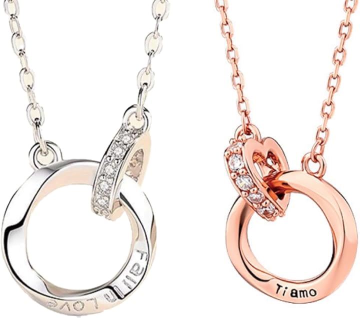 ペア ネックレス カップル メンズ レディース リング ジュエリー ハート プレゼント ケース 紙袋 付きプラチナ ホワイトジルコニア＋シルバーレディース ピンクゴールド＋ハート型