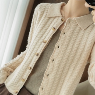 トップス セーター カーディガン 長袖 襟付き 前開き ケーブルニット 編み込み ニット かわいい