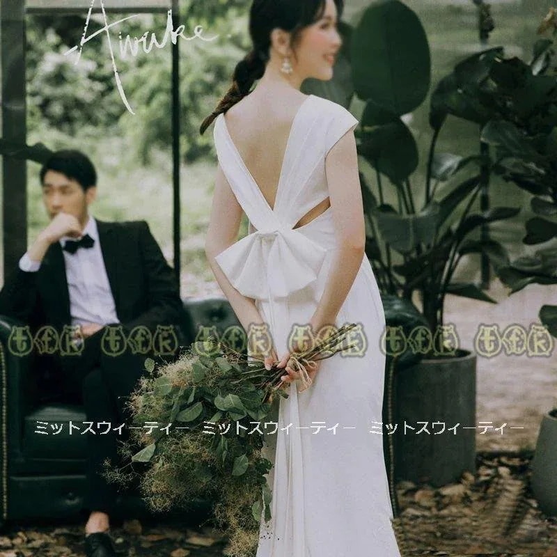 ウエディングドレス二次会花嫁前撮りウェディングドレスバックリボンロングドレス結婚式大