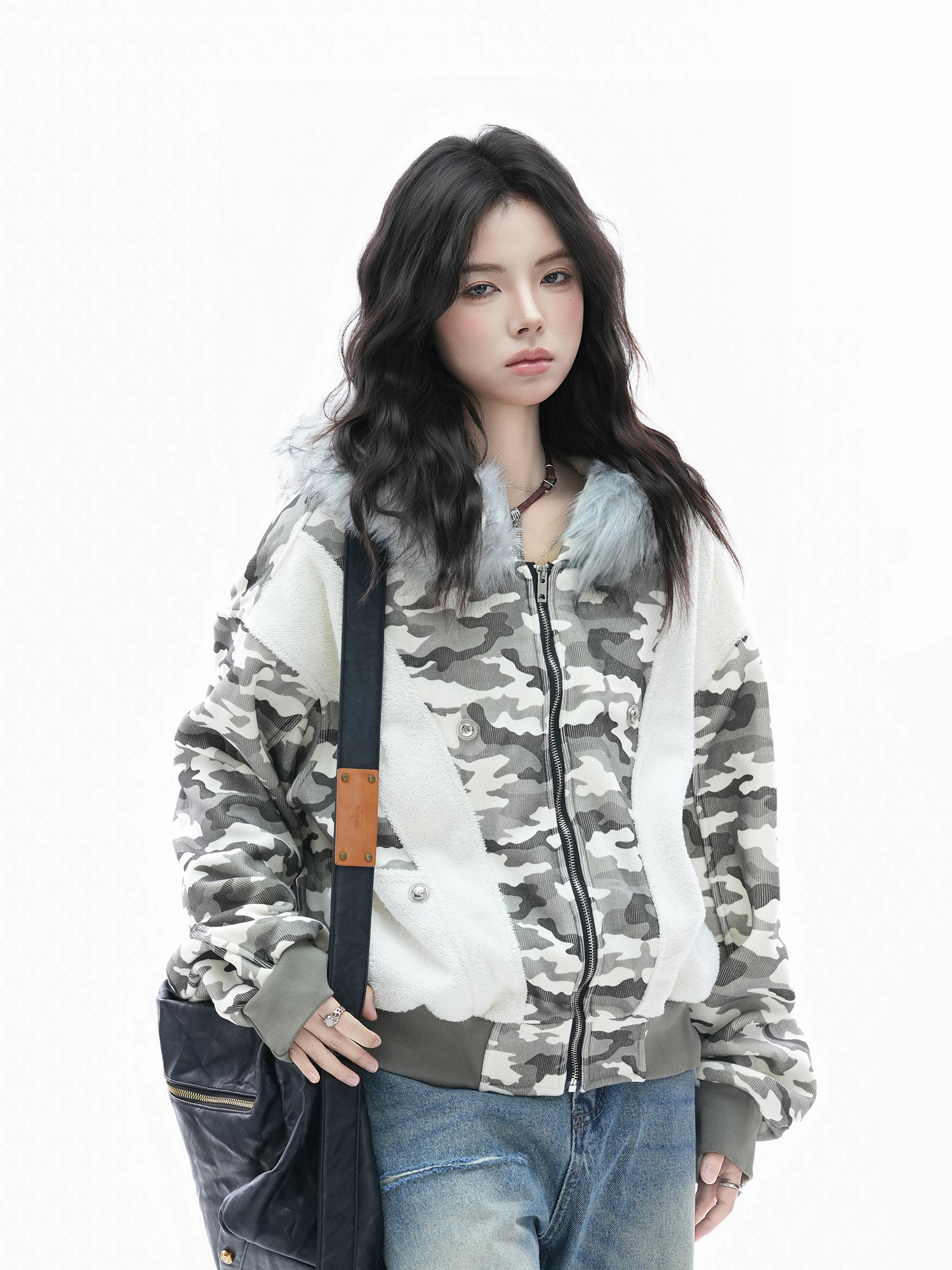 ジャケット 暖か ジャケット パッチワーク 男女兼用 迷彩柄 裏起毛 ウィンター 取り外し可能なファー付き