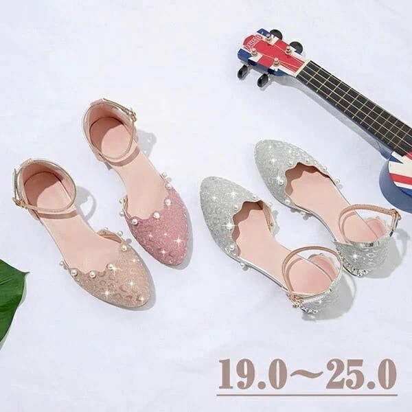パンプス ヒール2.5cm キラキラ 太いヒール 小さいサイズ 大きいサイズ ストラップ 女の子 3colors ゴールド シルバー ピンク 結婚式 ピアノ発表会 可愛い パーティー シューズ 靴 発