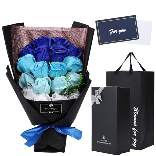 ソープフラワー 現役フラワーアーティスト推奨 花束 ブーケ 薔薇 高級 ギフト プレゼント 贈りもの 造花 母の日 お祝い 記念日 結婚 転職 送別 WALO (ブルー)