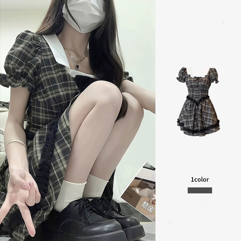 【1つ買うと10つ無料】夏のレトロスクールスタイルリーダーレースバブルスリーブラティスドレス女性ウエストパフスカート