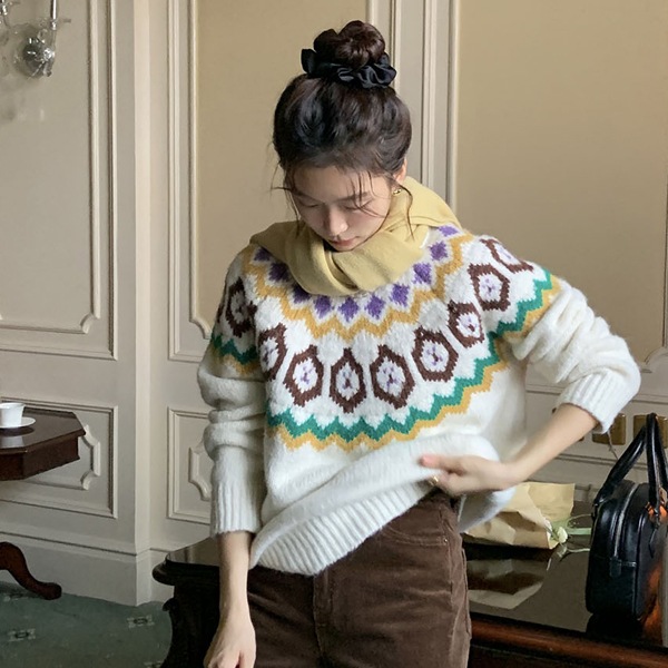 韓国ファッション ルーズフィット ノルディック パターン ラウンド ウール ニット