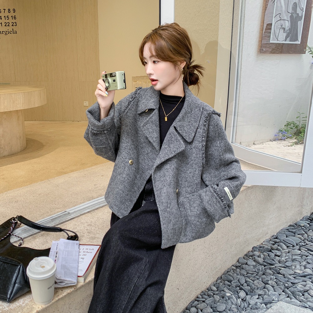 グレーの小さな香りの両面カシミヤコート超素敵なゆったりとした厚みのある暖かいショートウールコート