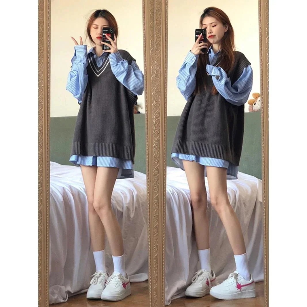 シャ ニットワンピース ロングワンピース パーティードレス 秋冬 ワンピース ドレス 2点セット学生ワンピース レディース ゆったりニットベスト+長袖シャツワンピース カジュアルスーツ 韓