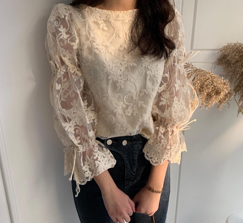 レースシャツ レースブラウス シースルー バックリボン シアー ベルスリーブ 花柄シャツ 韓国 レディース オルチャン 上品 きちんと 着回し 長袖 透け感 ブラウス ボリューム袖 4,755円