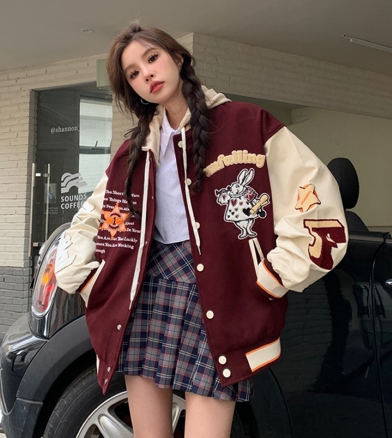 フード付き取り外し可能ジャケット アメリカンレトロジャケット トップス ブルゾン ジャケット シャンパー ロング丈 長袖 ボリューム袖 刺繍 カジュアル 大人 かっこいい メンズライク ボーイッシュ