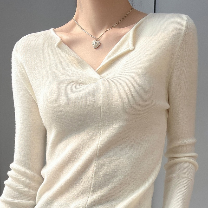 秋冬新作レディースニットウールセーターVネック無地長袖プルオーバーセータースリミングトップフィットベースレイヤー