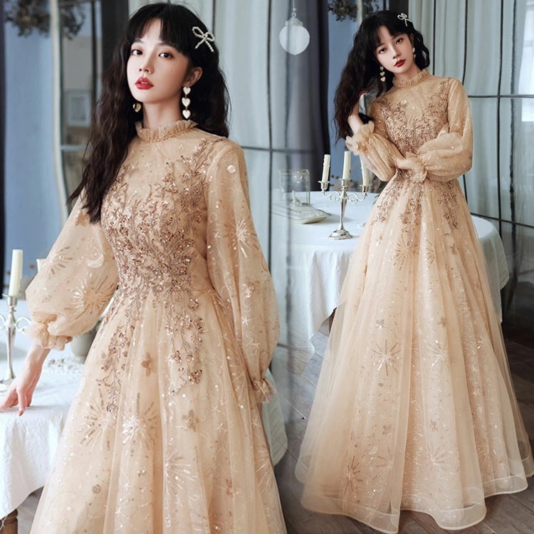 イブニングドレス シャンパン色 ロングドレス 結婚式ドレス 二次会ドレス お呼ばれドレス パフスリーブ 立ち襟 スパンコール ビーズ キレイめ 発表会ドレス ロング Aライン 演奏会ドレス パーティー