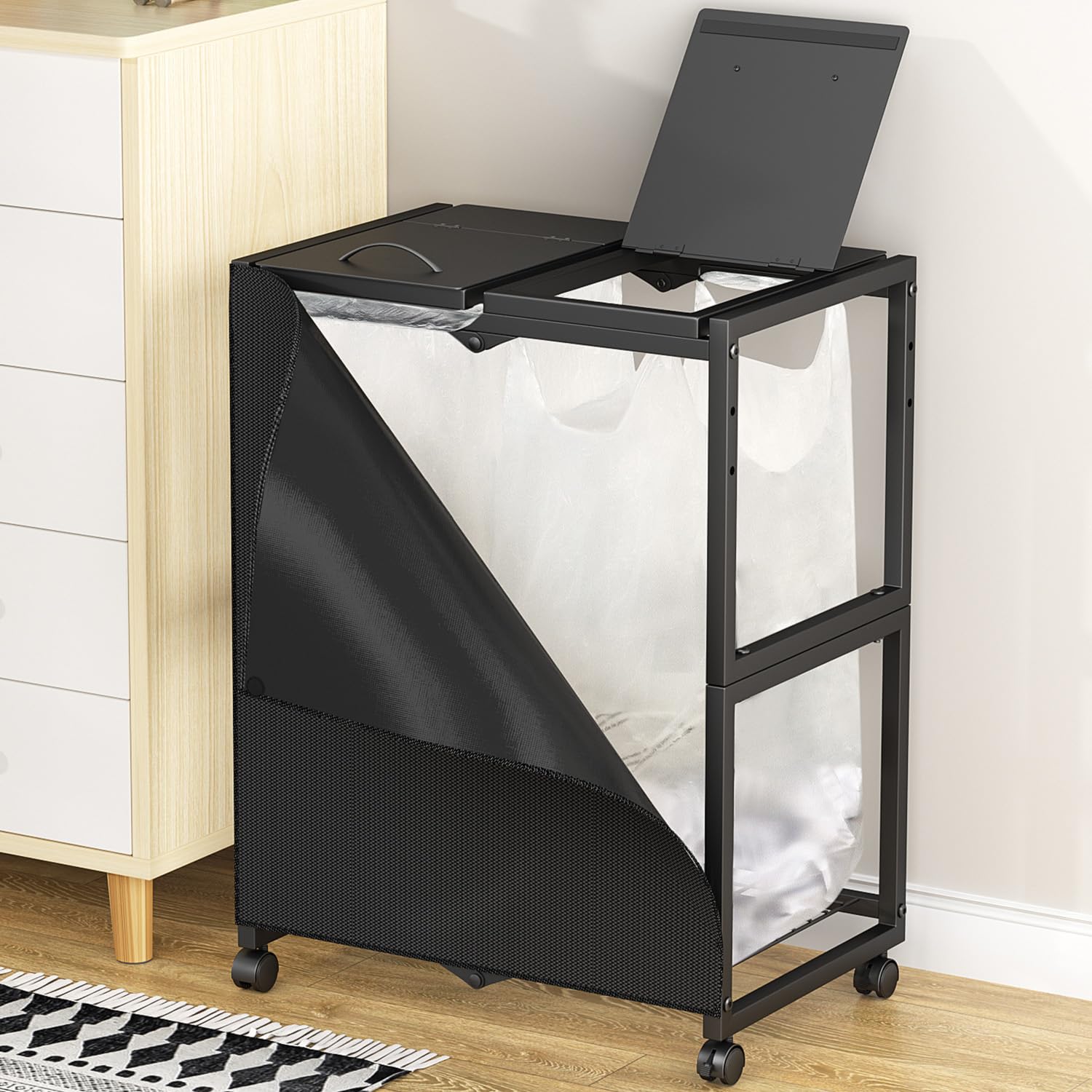PRTONE ゴミ箱 目隠し 2分別 45L ふた付き ゴミ袋ホルダー ダストボックス キャスター付き 取っ手付き 分別ゴミ箱 おしゃれ スリム 2連 大容量 10L～55L袋対応 ゴミ袋 スタンド