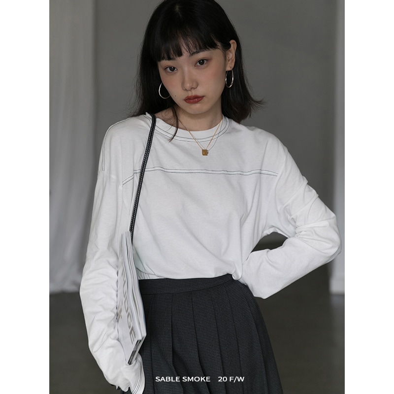 トップス Tシャツ 襟なし 袖あり 長袖 ラウンドネック ストレート かわいい カジュアル おしゃれ かっこいい お洒落 レトロ 大人可愛い ラブリー キュート 存在感 無地 春 夏 秋 冬 誕生日