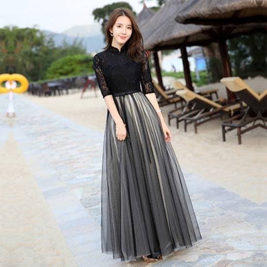 最終値下げパーティードレス ロング ドレス 演奏会 結婚式 パーティー お呼ばれ 二次会 ロングドレス aライン フォーマルドレス 黒 袖あり スタンドカラー 五分袖 レース チュール ドッキング 大