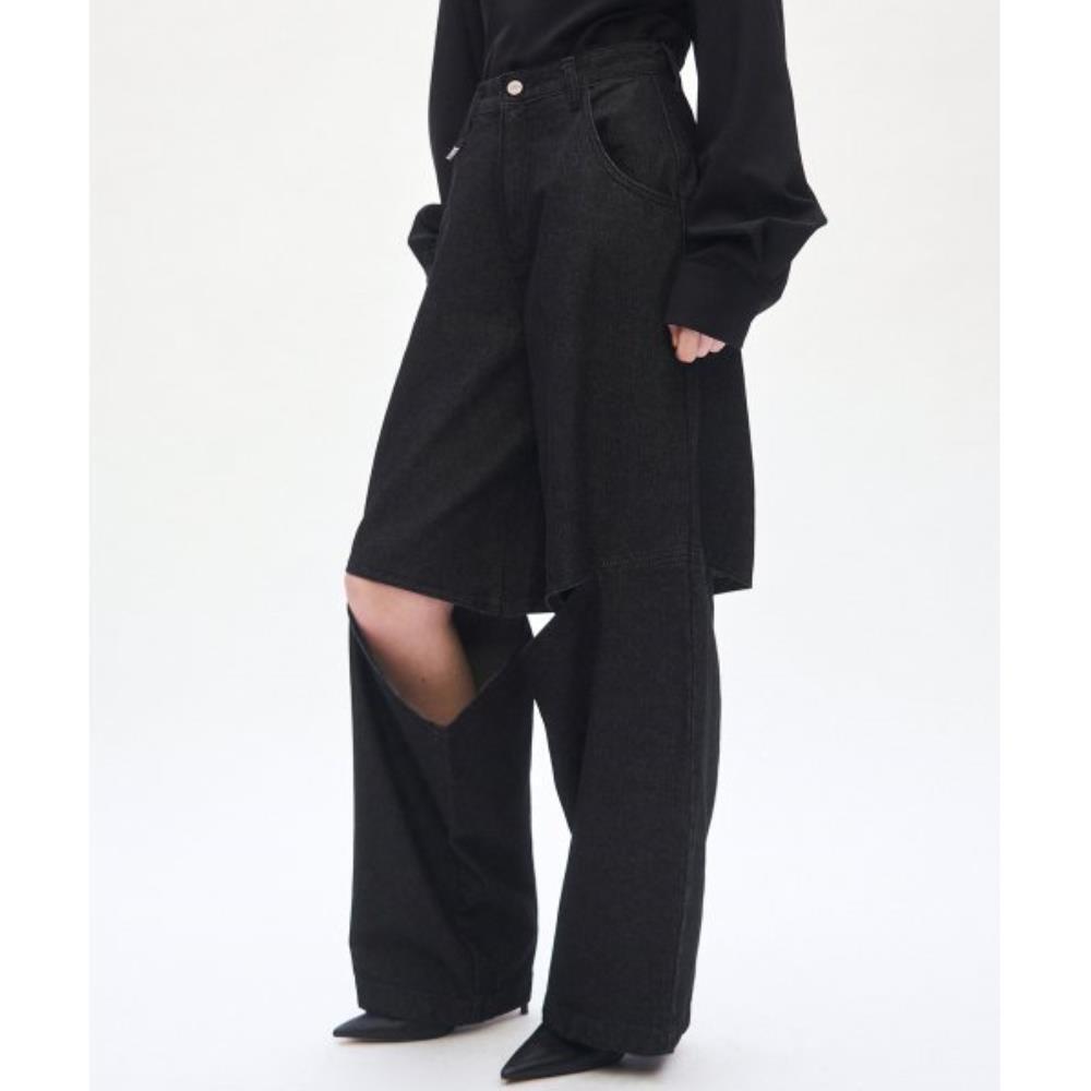 TREEMINGBIRD Knee Slit Wide Pants Black Denim TMB233PT