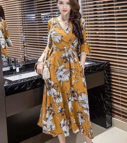 1267．花柄Vネックトランペットスリーブワンピース（イエロー）